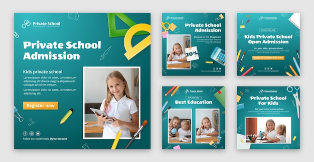 Free vector realistic private school instagram posts collection