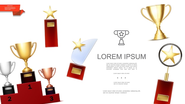 Free vector realistic prizes and awards template with gold silver bronze cups on pedestal and different trophies with shiny stars