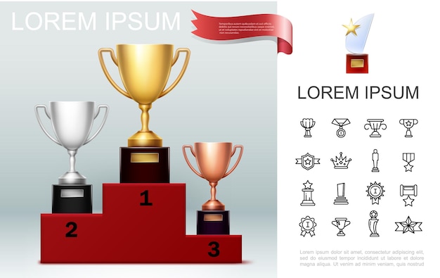 Realistic prizes concept with gold silver bronze cups on pedestal trophy with star awards and medals linear icons