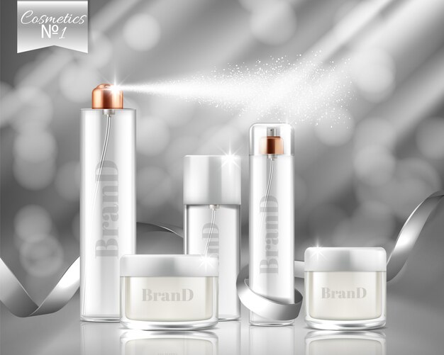 Realistic promotion banner with glass sprays, jars of cosmetic, gel, cream. 