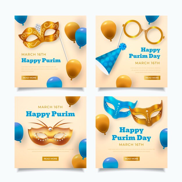 Vettore gratuito collezione di post instagram purim realistici