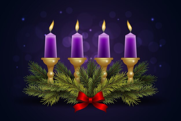 Realistic purple candles advent background