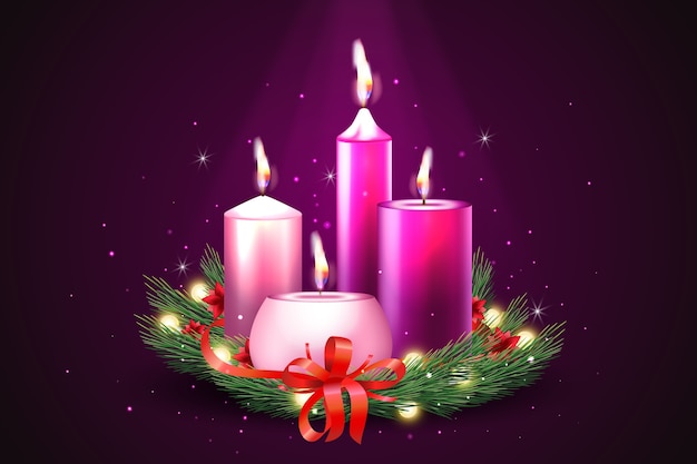 Realistic purple candles advent background