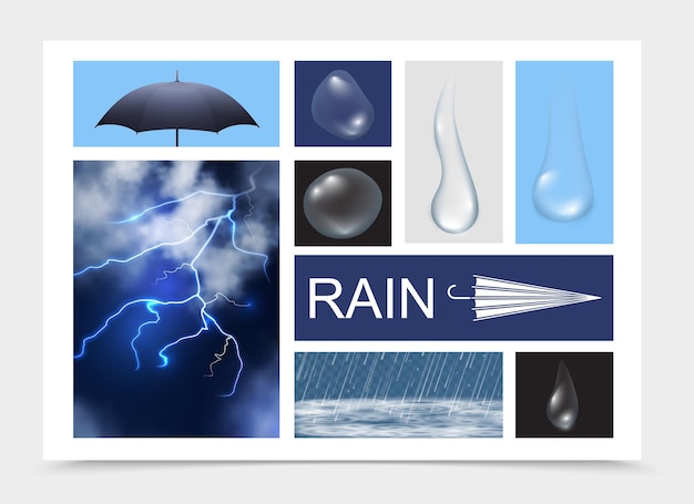 Composizione di elementi pioggia realistica con gocce di pioggia ombrello fulmine di diverse forme e pioggia con illustrazione isolata increspature dell'acqua