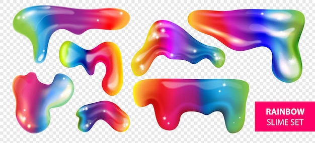 Free vector realistic rainbow glitter slime set with isolated curvy blots of rainbow colored liquid on transparent background vector illustration