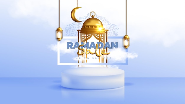 Realistic Ramadan Kareem sale Banner with 3D Podium and Discount Frame