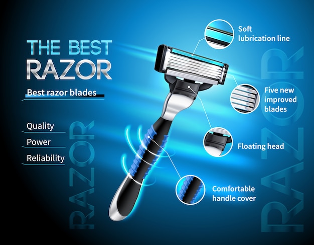 Realistic razor with five blades and floating head advertising poster on gradient blue template