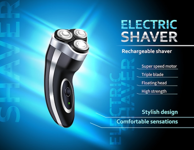 Free vector realistic rechargeable electric shaver with speed motor advertising poster on gradient blue template