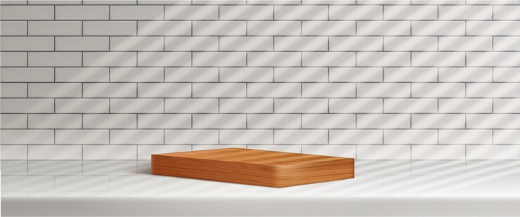 Free Vector realistic rectangle wood podium on tiled wall background with sunlight through blinds vector illustration of natural oak platform for luxury beauty product presentation kitchen interior design