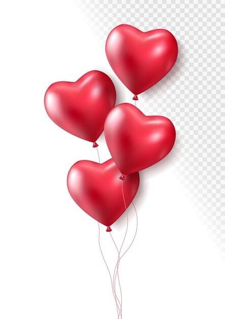 Реалистичные красные 3d воздушные шары сердца, изолированные на прозрачном фоне Воздушный гелиевый шар
