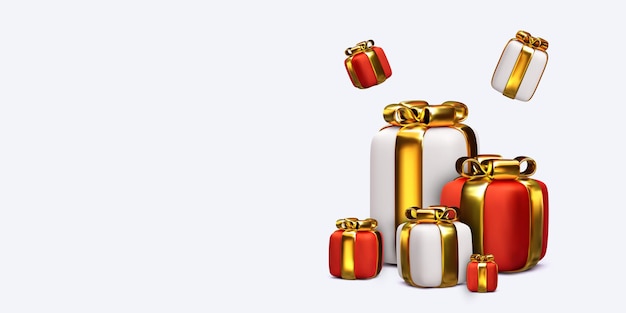 Бесплатное векторное изображение Реалистичные красные и белые подарки с золотой лентой, изолированные на светлом фоне. векторная иллюстрация