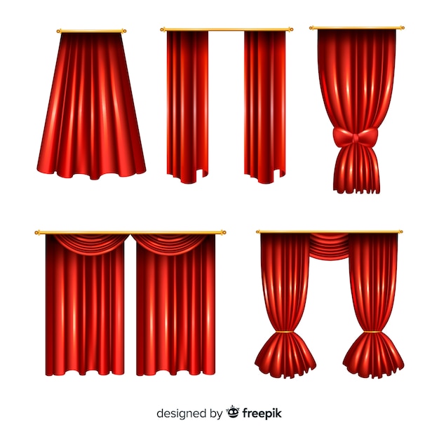 Realistic red closed and open curtain collection