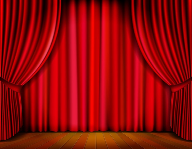 Realistic red curtain on wooden stage