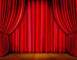 Free vector realistic red curtain on wooden stage