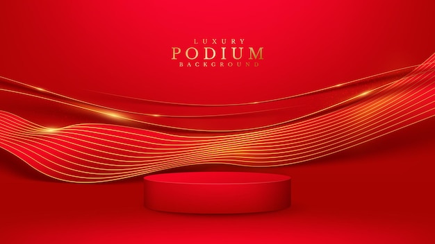 Realistic red podium with golden curve line on back and glitter light effects elements, luxury banner background.