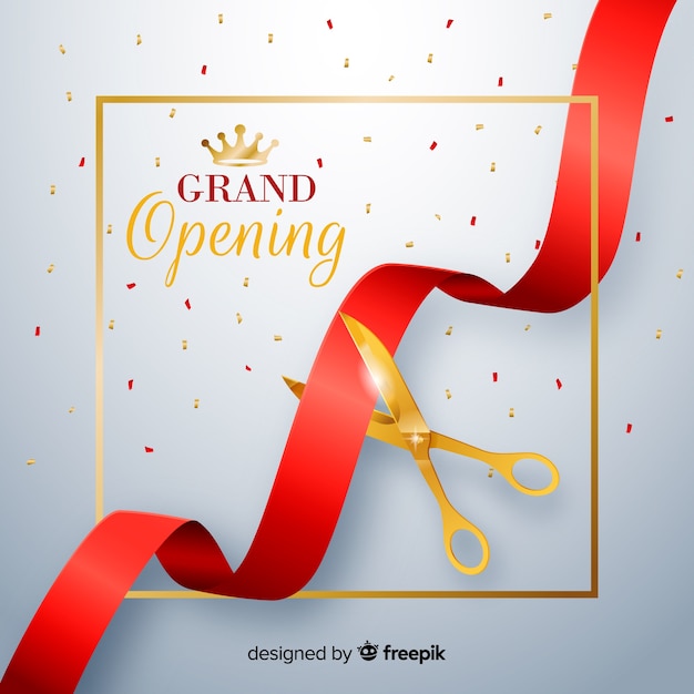 Free vector realistic red ribbon with golden scissors grand opening background