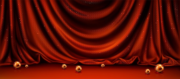 ゴールデン ビーズと現実的な赤い絹のようなカーテン