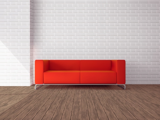 Realistic red sofa in room 