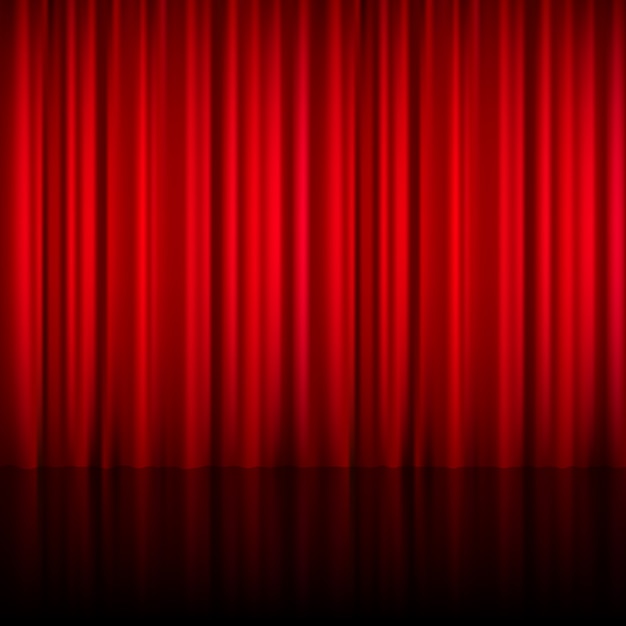 Realistic red theatrical closed curtain of shiny material with reflection on stage floor vector illustration