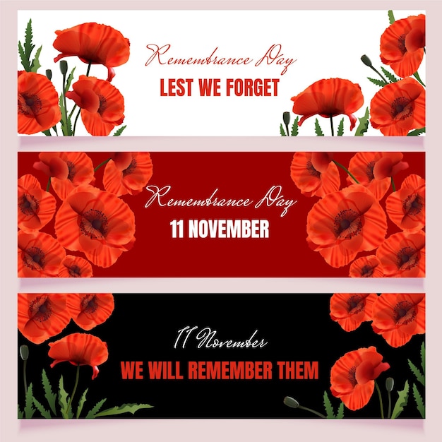 Realistic remembrance day horizontal banners set