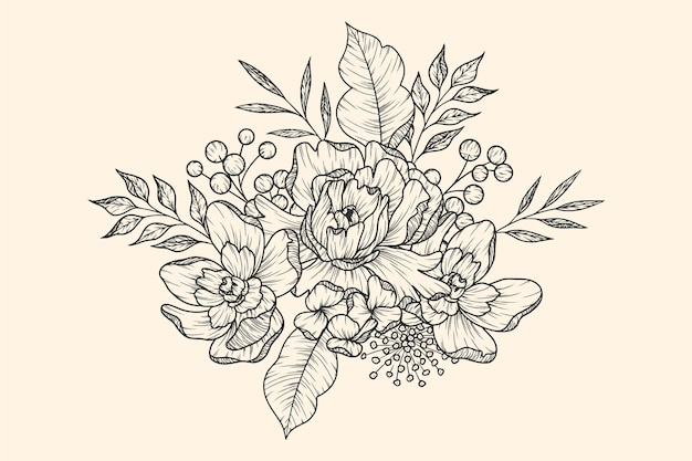 Realistic retro flower bouquet hand drawn