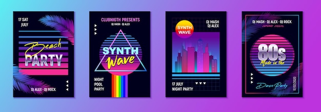 Vettore gratuito set di party wave retrò realistico di quattro poster verticali con testo pubblicitario dell'evento