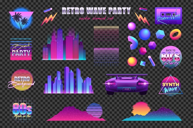 Free vector realistic retro wave party transparent set with neon icons logos artwork elements skyscrapers and car images vector illustration