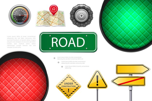 Free vector realistic road elements colorful composition with traffic lights speedometer signboards map pointers car wheel under construction and warning signs  illustration