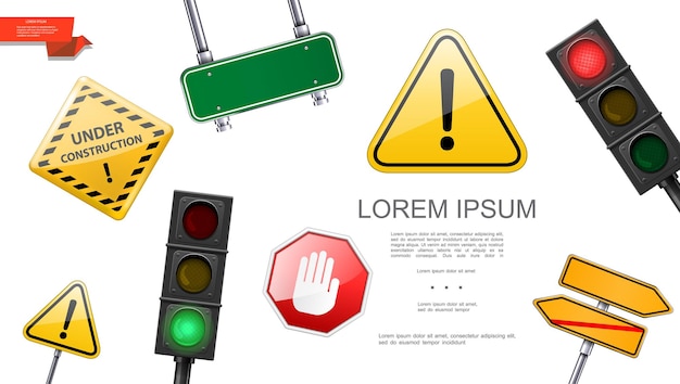Free vector realistic road and transportation concept with traffic lights signboards under construction and warning signs  illustration