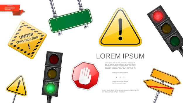 Vettore gratuito realistico concetto di strada e trasporto con semafori insegne in costruzione e segnali di pericolo illustrazione