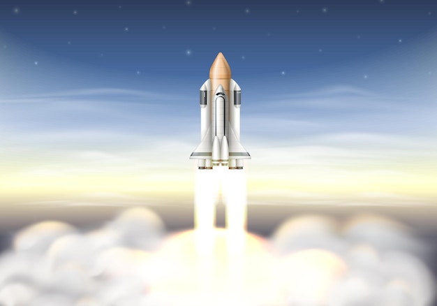 Vettore gratuito sfondo realistico di lancio di un razzo con navetta che vola nello spazio sopra le nuvole illustrazione vettoriale