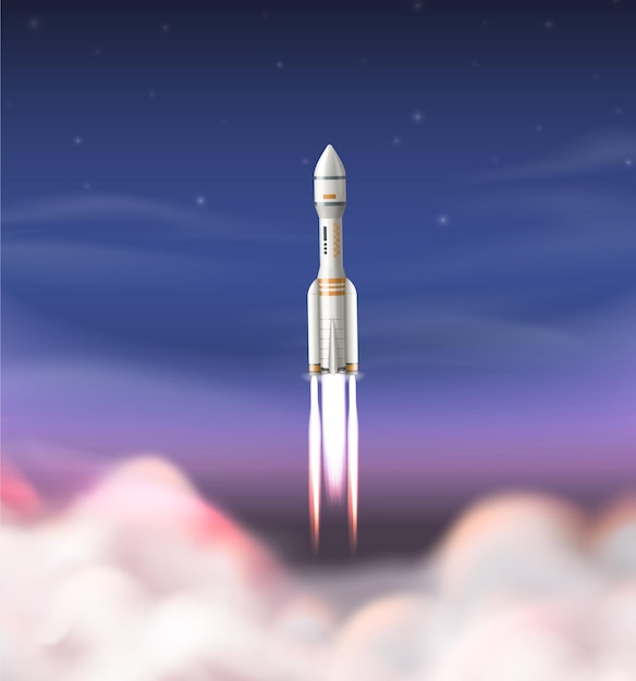 Free vector realistic rocket launch composition with spacecraft flying above clouds vector illustration