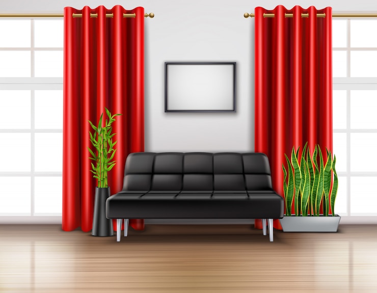Free Vector realistic room interior with luxury red curtains on french windows leather black sofa light floor