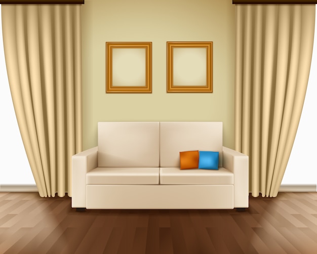 Реалистичный интерьер комнаты с роскошными оконными занавесками