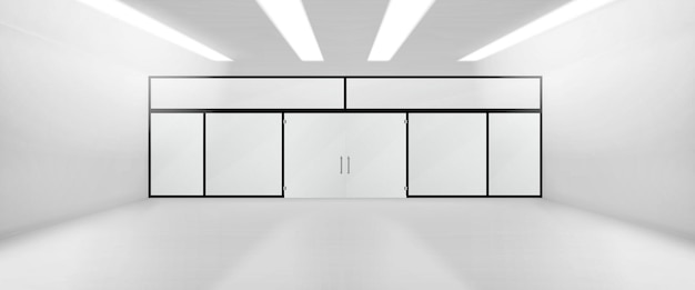 Vettore gratuito sala realistica con parete di vetro e modello di porta isolato su uno sfondo trasparente illustrazione vettoriale di un grande negozio, un supermercato, una sala espositiva, una prospettiva di ufficio con lampade a led sul soffitto