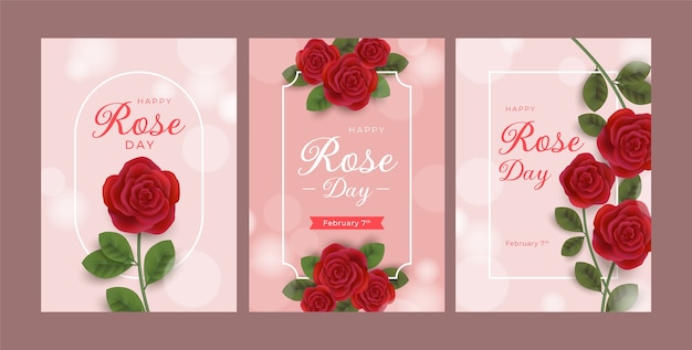 Realistic rose day greeting cards collection