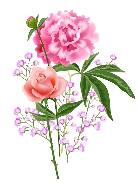 Realistic rose and peony flower composition.