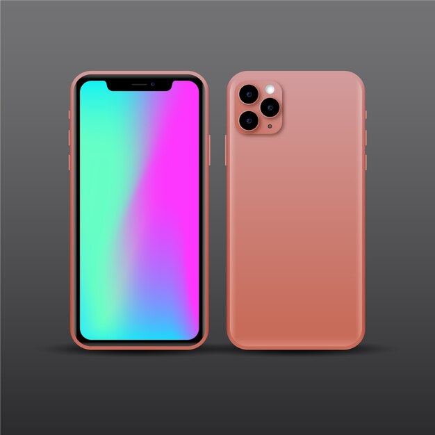 Реалистичный розовый дизайн смартфона с тремя камерами