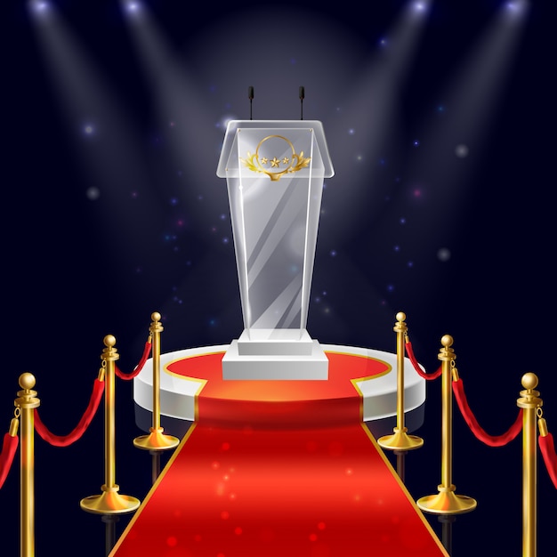 Free vector realistic round podium with glass tribune for public speaking, red velvet carpet