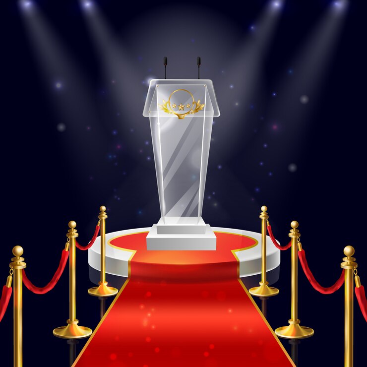 Free Vector realistic round podium with glass tribune for public speaking, red velvet carpet