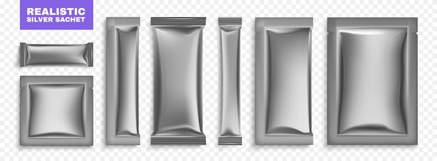 Free vector realistic sachet packet silver set with editable text and top view of empty silver wrapping packages vector illustration