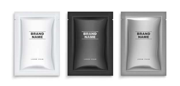 Free vector realistic sachet packet template set with three isolated packages with black white and grey design text vector illustration
