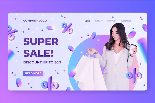 Free vector realistic sale landing page template with photo