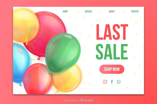 Realistic sale landing page with balloons