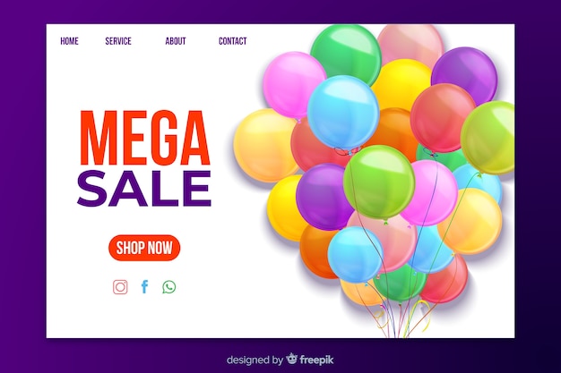 Реалистичная распродажа, посадочная страница с воздушными шарами