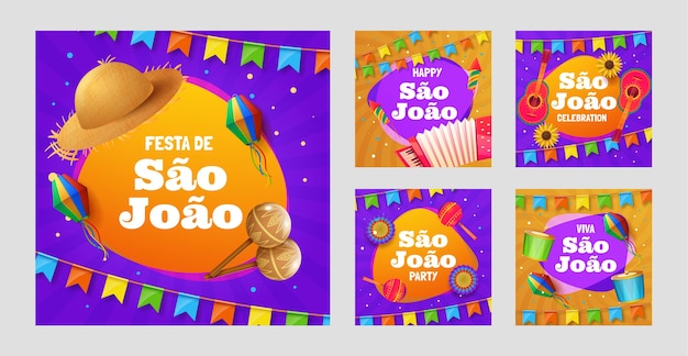 Free vector realistic sao joao instagram posts collection