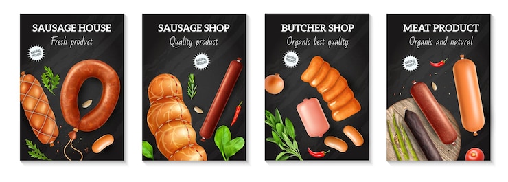 無料Vector 肉製品の緑と編集可能な華やかなテキスト ベクトル イラストの 4 つの垂直構成で設定された現実的なソーセージ ポスター