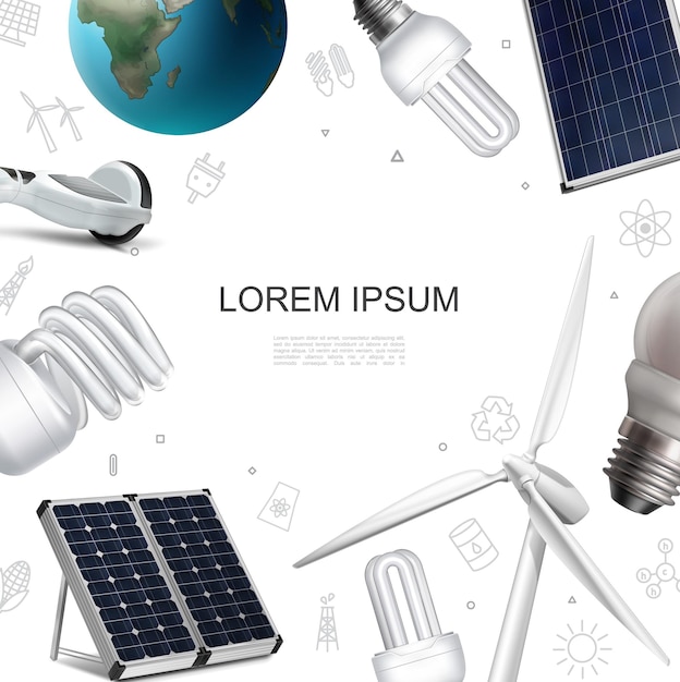 Free vector realistic save eco energy template with solar panels windmill earth planet gyroscope modern lightbulbs illustration