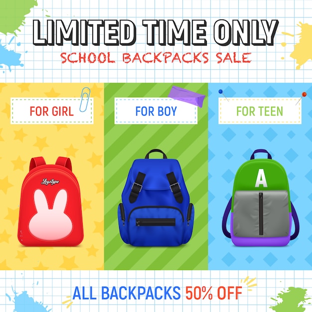 Free vector realistic school backpack banner template