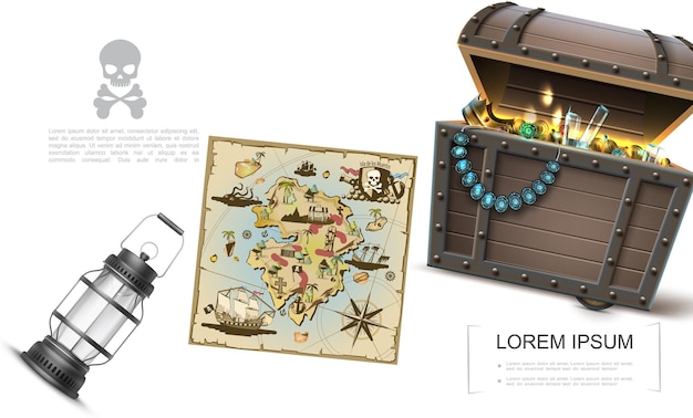 Realistic sea treasures template with pirate map treasure chest full of gold coins and jewelry diadem ring lantern crown precious stones